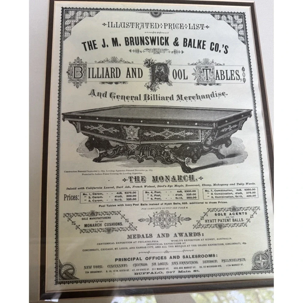 Vintage Brunswick Balke Monarch Pool Table Illustrated Price List Framed Print